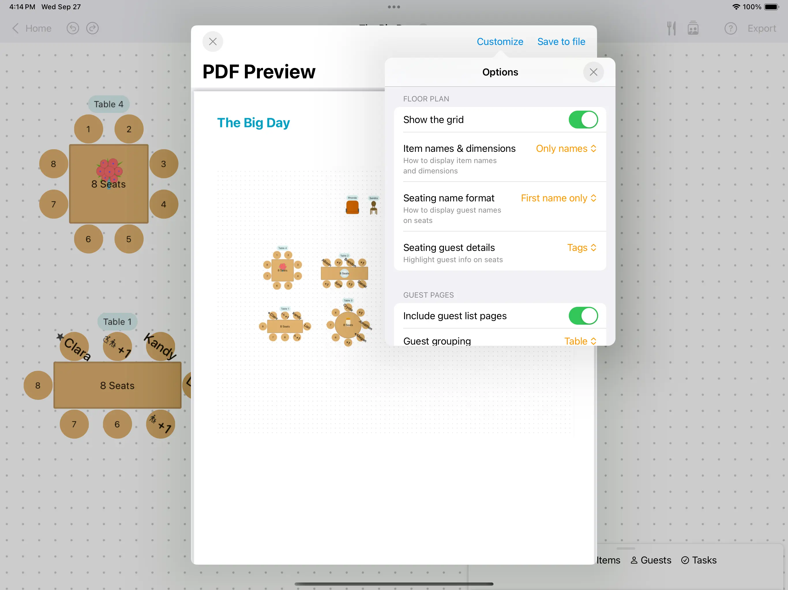 Example of the sharing features in Seat Puzzle