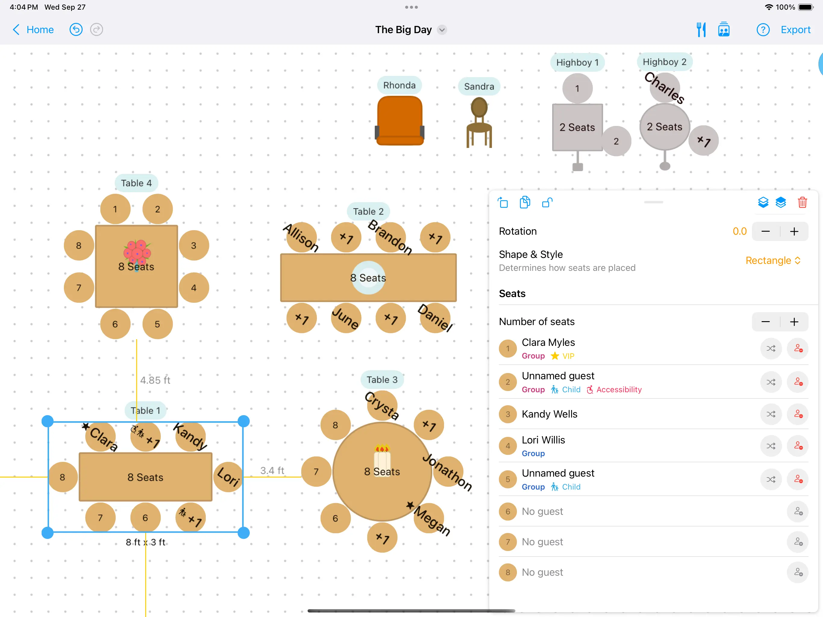 Seat Puzzle makes it easy to make a seating chart with different kinds of tables, centerpieces, and customized colors.