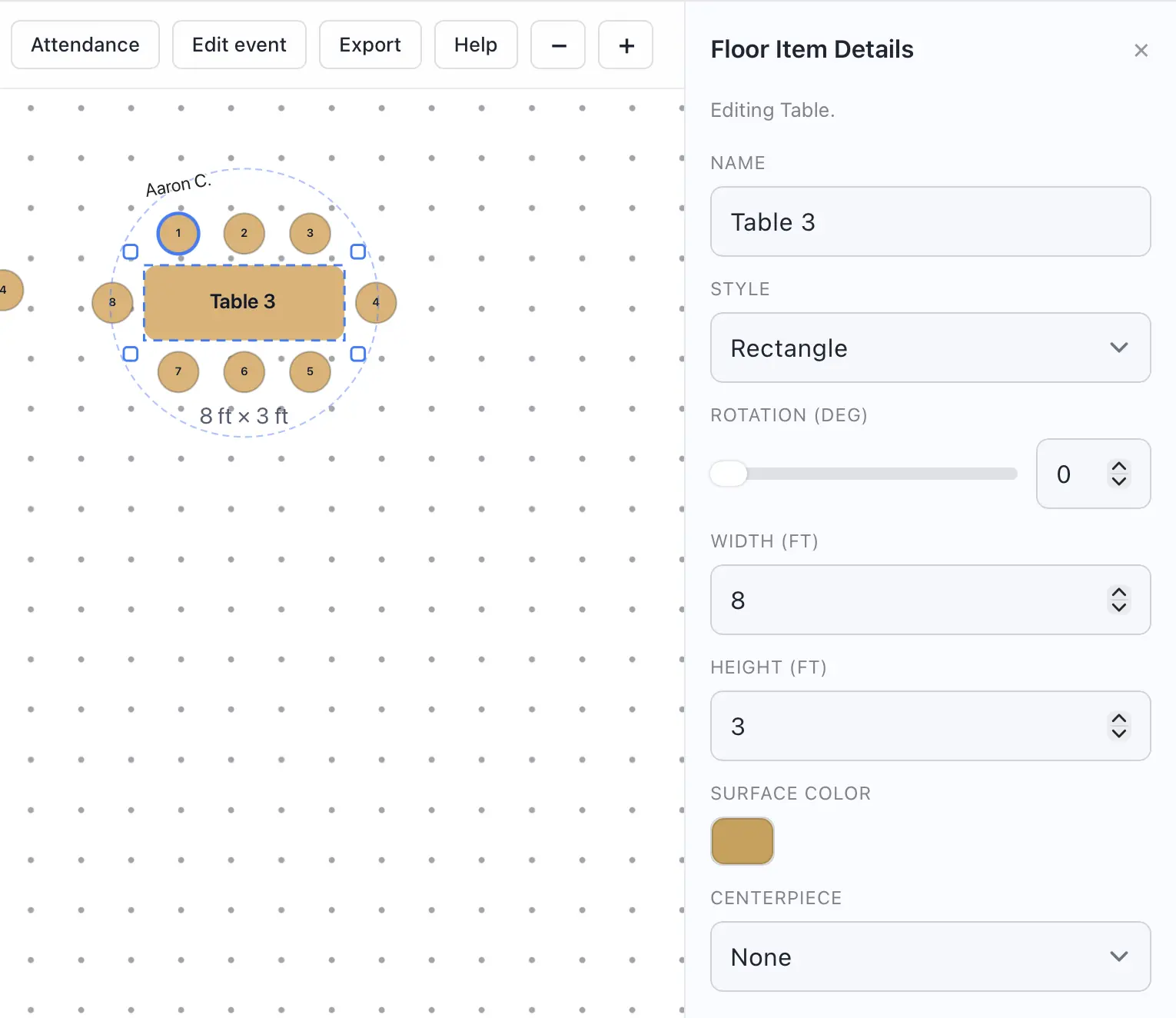 Edit floor item attributes like size, style, and duplication from the detail panel.