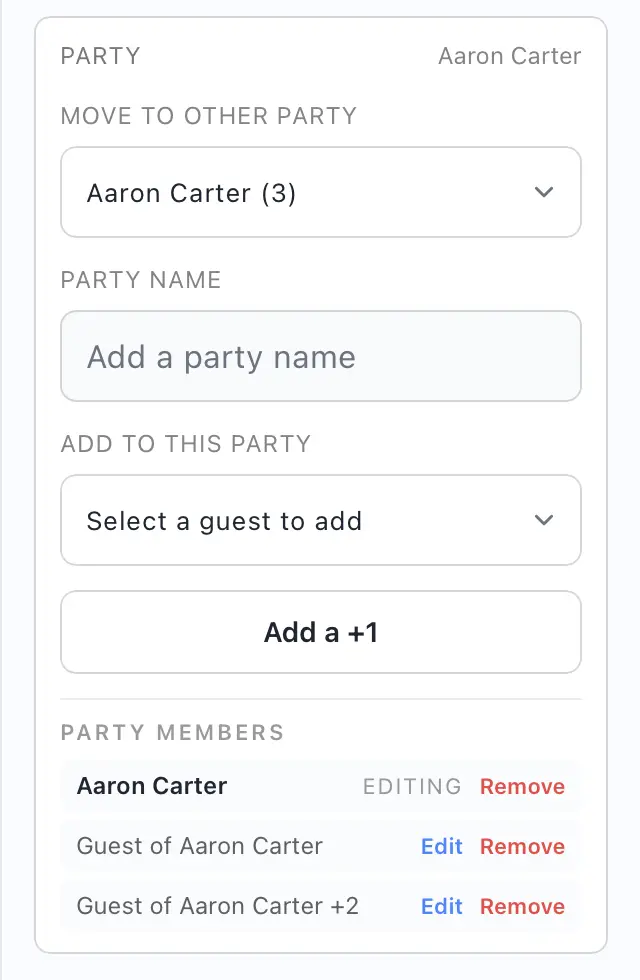 Edit a party, add guests, and manage plus-ones. Edit a party, add guests, and manage plus-ones.