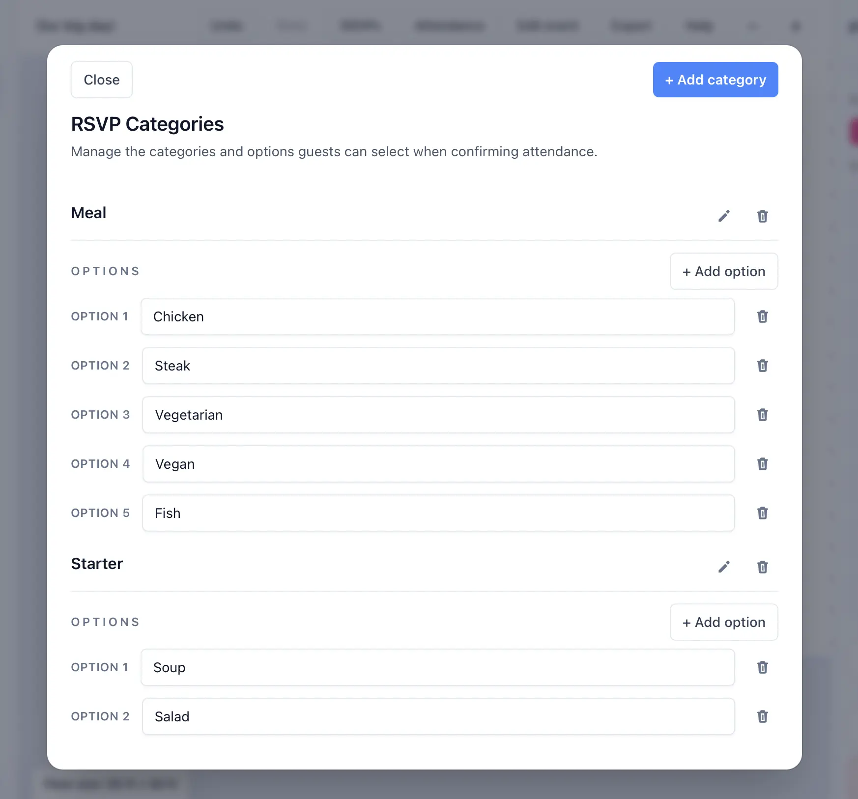 Create and edit RSVP categories and response options. Create and edit RSVP categories and response options.